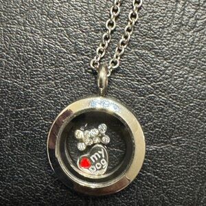 Silver Locket Floating Charm Necklace with Paw Print Charm. I Love My Dog!